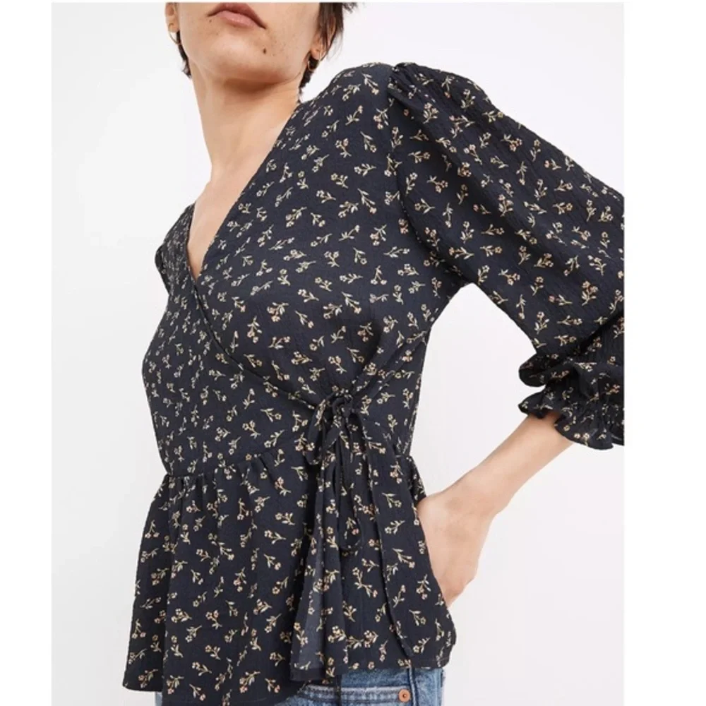 Puff-Sleeve Peplum Wrap Top in Spring Fling XS - Picture 2 of 9